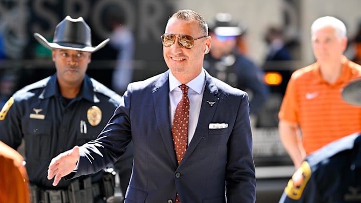 Oct 11, 2025; Dallas, Texas, USA; Texas Longhorns head coach Steve Sarkisian arrives at the stadium before the game against the Oklahoma Sooners at Cotton Bowl. Mandatory Credit: Jerome Miron-Imagn Images