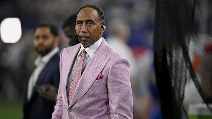 Nov 3, 2025; Arlington, Texas, USA; ESPN commentator Stephen A. Smith looks on before the game between the Dallas Cowboys and the Arizona Cardinals at AT&T Stadium. Mandatory Credit: Jerome Miron-Imagn Images