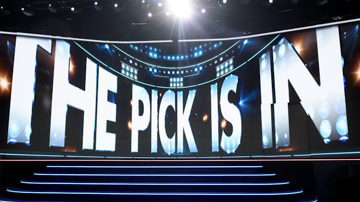 Jun 27, 2025; Los Angeles, California, USA; The video board shows the 20th overall pick for the Columbus Blue Jackets is about to be announced in the first round of the 2025 NHL Draft at Peacock Theater. Mandatory Credit: Kirby Lee-Imagn Images
