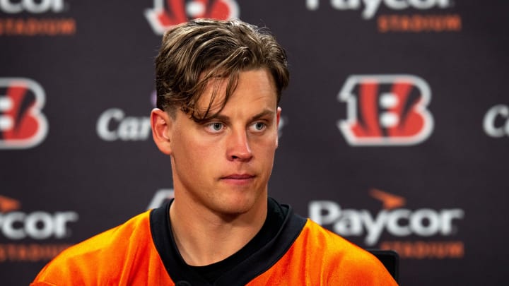 Cincinnati Bengals quarterback Joe Burrow (9) looks on during a press conference after at the IEL Indoor Facility in Cincinnati on Tuesday, June 11, 2024.
