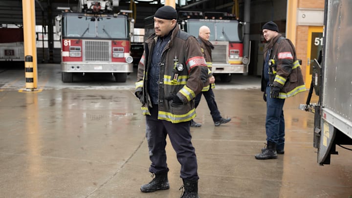 CHICAGO FIRE -- "Double Red" Episode 909 -- Pictured: (l-r) Joe Minoso as Joe Cruz, Randy Flagler as Harold Capp, Taylor Kinney as Kelly Severide -- (Photo by: Adrian S. Burrows Sr./NBC)