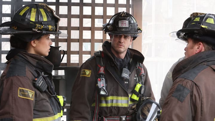 CHICAGO FIRE -- "The Little Things" Episode 12004 -- Pictured: (l-r) Miranda Rae Mayo as Stella Kidd, Jake Lockett as Sam Carver, Christian Stolte as Randy "Mouch" McHolland -- (Photo by: Adrian S Burrows Sr/NBC)