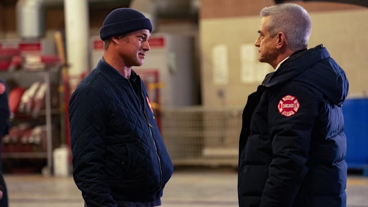 CHICAGO FIRE -- "A Beast Like This" Episode 13017 -- Pictured: (l-r) Taylor Kinney as Kelly Severide, Dermot Mulroney as Chief Dom Pascal -- (Photo by: Peter Gordon/NBC)