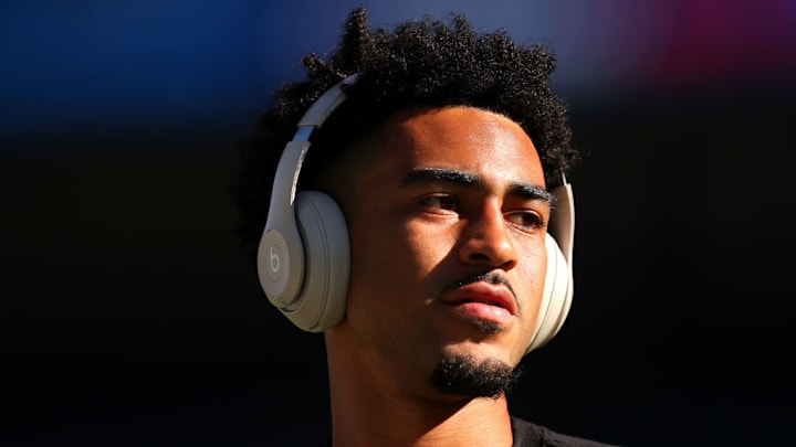 CHICAGO, ILLINOIS - OCTOBER 06: Bryce Young #9 of the Carolina Panthers looks on prior to a game against the Chicago Bears at Soldier Field on October 06, 2024 in Chicago, Illinois.