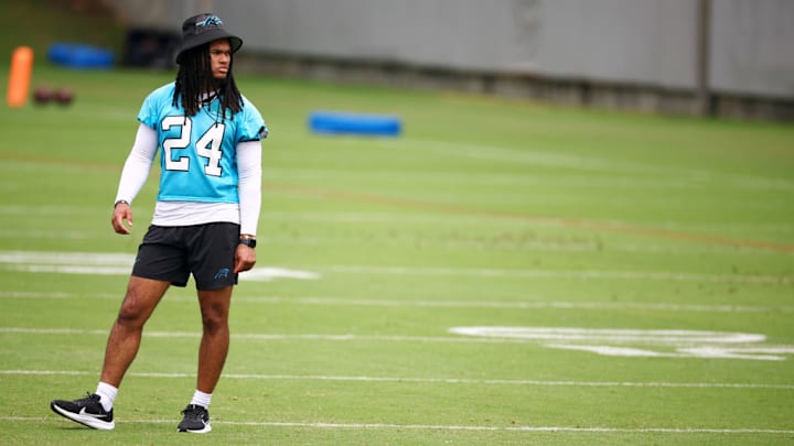 CHARLOTTE, NORTH CAROLINA - JUNE 04: Jonathon Brooks #24 of the Carolina Panthers attends Carolina Panthers OTA Offseason Workout on June 04, 2024 in Charlotte, North Carolina. CHARLOTTE, NORTH CAROLINA - JUNE 04: Jonathon Brooks #24 of the Carolina Panthers attends Carolina Panthers OTA Offseason Workout on June 04, 2024 in Charlotte, North Carolina.