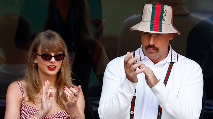 Sep 8, 2024; Flushing, NY, USA; Recording artist Taylor Swift and Kansas City Chiefs tight end Travis Kelce look on in the men’s singles final of the 2024 U.S. Open tennis tournament at USTA Billie Jean King National Tennis Center at Louis Armstrong Stadium. 