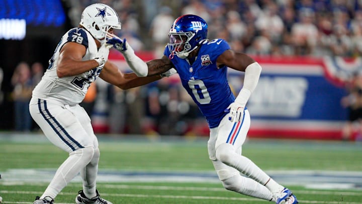 Sep 26, 2024; East Rutherford, NJ, US; New York Giants linebacker Brian Burns (0) rushes Dallas Cowboys offensive tackle Terence Steele (78) off the line of scrimmage at MetLife Stadium. Sep 26, 2024; East Rutherford, NJ, US; New York Giants linebacker Brian Burns (0) rushes Dallas Cowboys offensive tackle Terence Steele (78) off the line of scrimmage at MetLife Stadium.