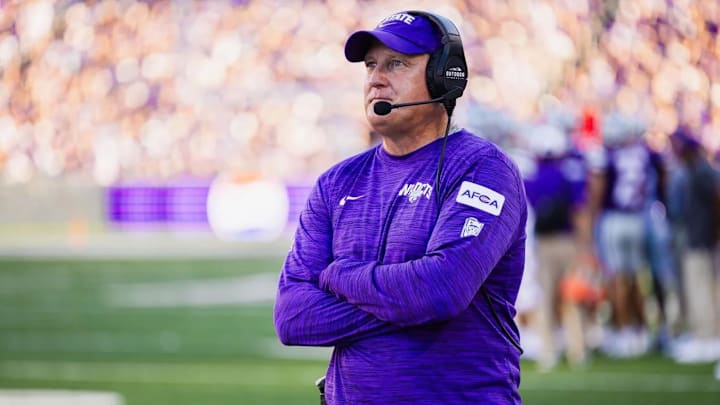 Chris Klieman looks on as he coaches the Kansas State Wildcats during a game in Manhattan, Kansas at Bill Snyder Family Stadium. Mandatory Credit: K-State Athletics