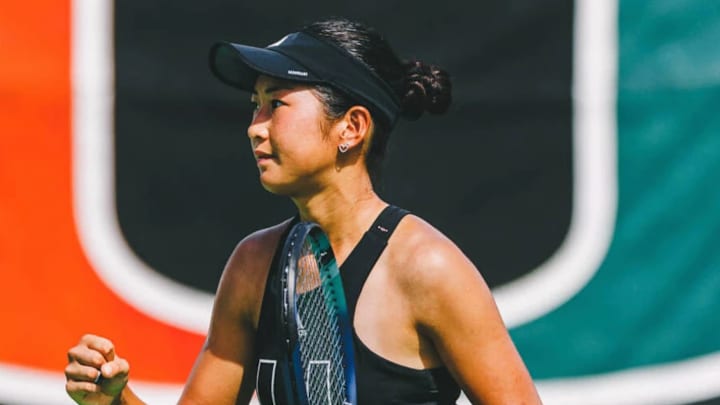 Xinyi Nong for Miami Hurricanes Women's Tennis celebrating a point Xinyi Nong for Miami Hurricanes Women's Tennis celebrating a point