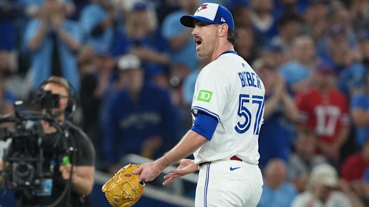 Oct 20, 2025: Toronto Blue Jays pitcher Shane Bieber (57) is relieved in the fourth inning against the Seattle Mariners during game seven of the ALCS round for the 2025 MLB playoffs at Rogers Centre. 