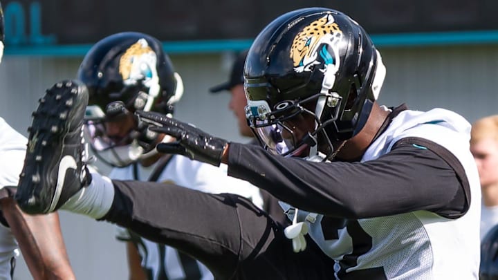 Jacksonville Jaguars cornerback Jourdan Lewis (2) stretches during the Jacksonville Jaguars’ third mandatory minicamp Thursday June 12, 2025 at the Miller Electric Center in Jacksonville, Fla. [Doug Engle/Florida Times-Union]
