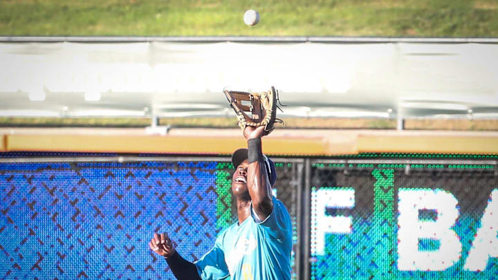 Amarillo Sod Poodles right fielder Kristian Robinson catches a fly ball at Whataburger Field on Thursday, August 1, 2024, in Corpus Christi, Texas. Amarillo Sod Poodles right fielder Kristian Robinson catches a fly ball at Whataburger Field on Thursday, August 1, 2024, in Corpus Christi, Texas.