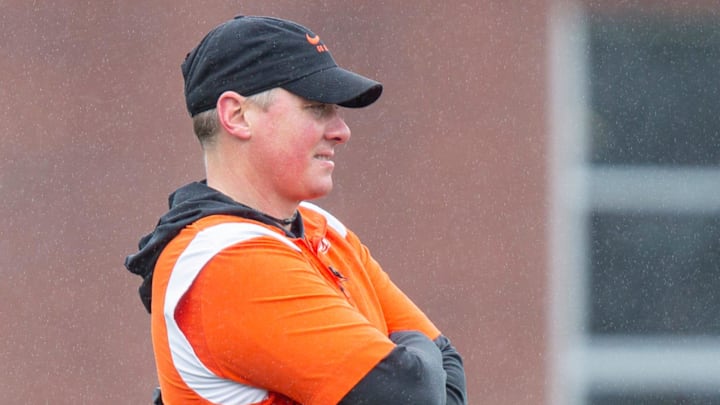 Oregon State head coach Trent Bray watches his players warm up during the first day of spring practice at the Tommy Prothro Football Complex on Tuesday, March 4, 2025, in Corvallis, Ore. Oregon State head coach Trent Bray watches his players warm up during the first day of spring practice at the Tommy Prothro Football Complex on Tuesday, March 4, 2025, in Corvallis, Ore.