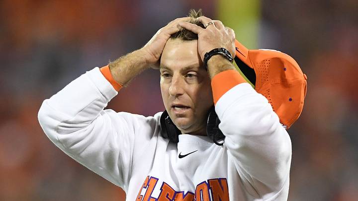 Clemson head coach Dabo Swinney reacts after a pass interference call was called on Clemson against Pitt during the 4th quarter on Saturday, November 12, 2016 at Clemson's Memorial Stadium.

Clemson Pitt Football