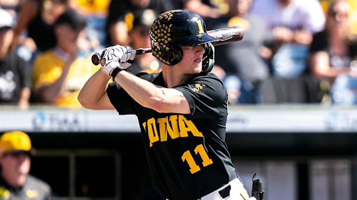 Iowa's Sam Petersen (11) bats during a semifinal game of the Big Ten Baseball Tournament against Michigan, Saturday, May 27, 2023, at Charles Schwab Field in Omaha, Neb.