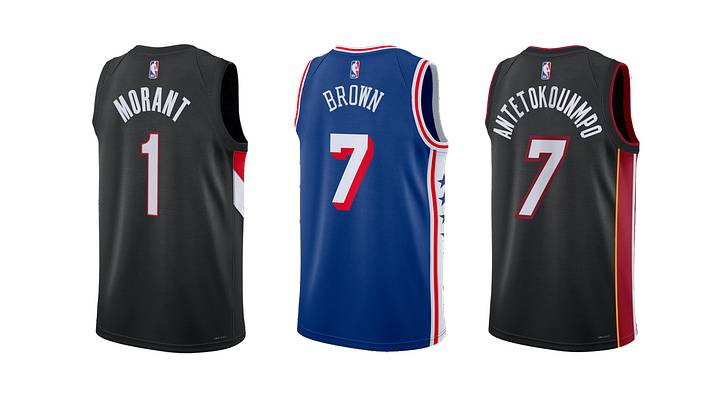 Ja Morant, Jaylen Brown, and Giannis Antetokounmpo's new jerseys. Ja Morant, Jaylen Brown, and Giannis Antetokounmpo's new jerseys.