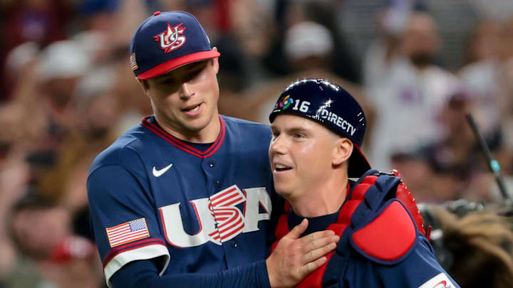 United States pitcher Mason Miller (19) and United States catcher Will Smith (16) United States pitcher Mason Miller (19) and United States catcher Will Smith (16)