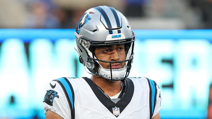 Aug 18, 2023; East Rutherford, New Jersey, USA; Carolina Panthers quarterback Bryce Young (9) reacts during the first quarter against the New York Giants at MetLife Stadium. Mandatory Credit: Vincent Carchietta-Imagn Images