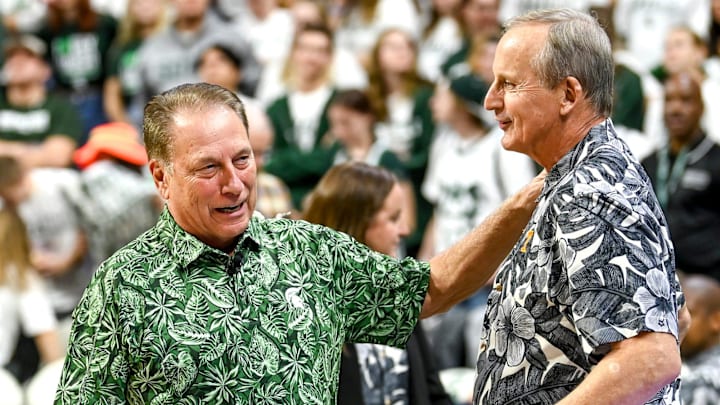 Michigan State's head coach Tom Izzo, left, talks with Tennessee head coach Rick Barnes before the Maui Relief Charity Game on Sunday, Oct. 29, 2023, at the Breslin Center in East Lansing.
