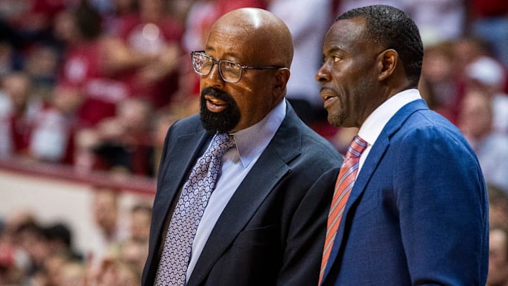 Indiana Head Coach Mike Woodson talks with Assistant Coach Kenya Hiunter during the second half of the Indiana versus Florida Gulf Coast men's basketball game at Simon Skjodt Assembly Hall on Tuesday, Nov. 7, 2023.