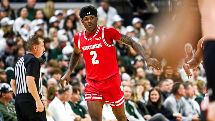 Wisconsin's AJ Storr celebrates after making a 3-pointer against Michigan State
