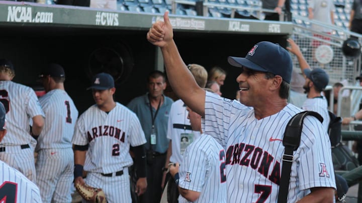 June 21, 2012; Omaha, NE, USA;  Arizona Wildcats head coach Andy Lopez (7) gives the thumbs up after defeating the Florida State Seminoles in game eleven of the 2012 College World Series at TD Ameritrade Park. Arizona won 10-3. Mandatory Credit: Bruce Thorson-Imagn Images