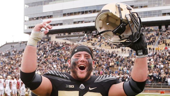 Purdue center Kirk Barron celebrates after the Boilermakers defeated Boston College 30-13 Saturday, September 22, 2018, in Ross-Ade Stadium. 

Laf Boston College At Purdue
