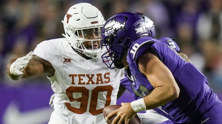 Texas Longhorns defensive lineman Byron Murphy II (90) sacks TCU Horned Frogs quarterback Josh Texas Longhorns defensive lineman Byron Murphy II (90) sacks TCU Horned Frogs quarterback Josh