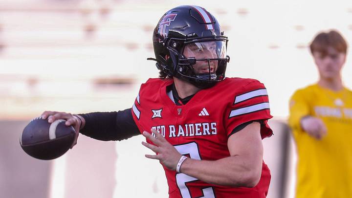 Brendan Sorsby looks to throw during the Texas Tech football team's spring game, Friday, April 17, 2026, at Jones AT&T Stadium.