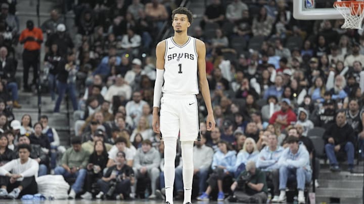 Jan 17, 2025; San Antonio, Texas, USA; San Antonio Spurs center Victor Wembanyama (1) looks up the court in the second half against the Memphis Grizzlies at Frost Bank Center. Mandatory Credit: Daniel Dunn-Imagn Images