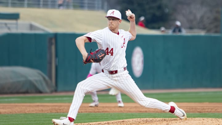 Alabama pitcher Evan Steckmesser pitches in the second game of the series against Rhode Island on Feb. 21, 2026.