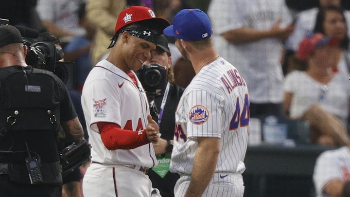 Jul 12, 2021; Denver, CO, USA; Washington Nationals right fielder Juan Soto greets New York Mets first baseman Pete Alonso during the 2021 MLB Home Run Derby. Mandatory Credit: Isaiah J. Downing-Imagn Images