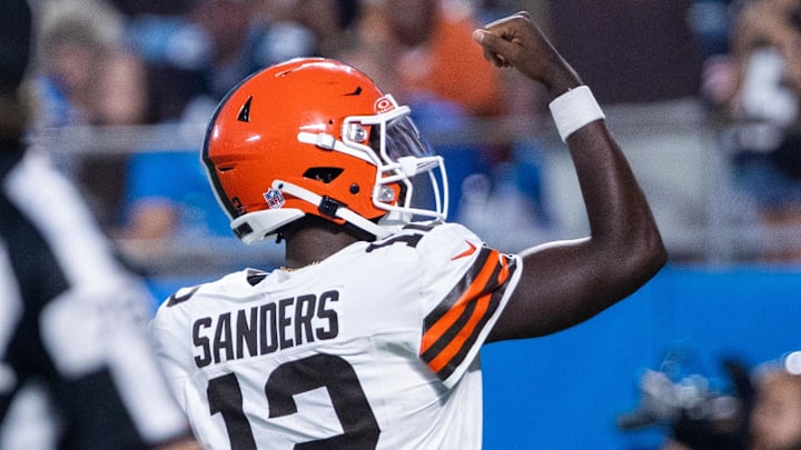 Aug 8, 2025; Charlotte, North Carolina, USA; Cleveland Browns quarterback Shedeur Sanders (12) celebrates after a touchdown in the second quarter against the Carolina Panthers at Bank of America Stadium. Mandatory Credit: Scott Kinser-The USAToday Network via Imagn Images Aug 8, 2025; Charlotte, North Carolina, USA; Cleveland Browns quarterback Shedeur Sanders (12) celebrates after a touchdown in the second quarter against the Carolina Panthers at Bank of America Stadium. Mandatory Credit: Scott Kinser-The USAToday Network via Imagn Images