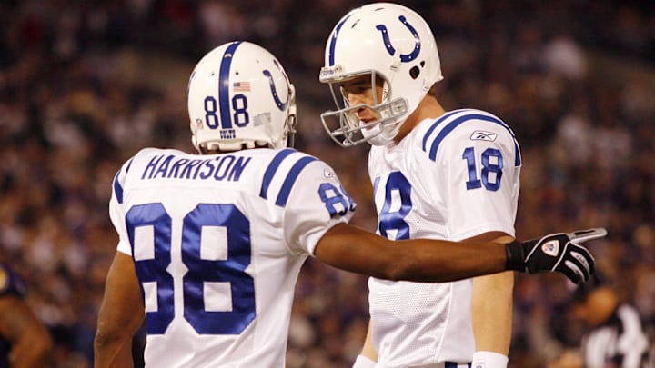Jan. 13, 2007; Baltimore, MD, USA; Indianapolis Colts quarterback (18) Peyton Manning and wide receiver (88) Marvin Harrison talk during the Colts 15-6 victory over the Baltimore Ravens in their AFC Divisional Playoff game at M & T Bank Stadium. Mandatory Credit: Geoff Burke-Imagn Images Copyright © 2007 Geoff Burke