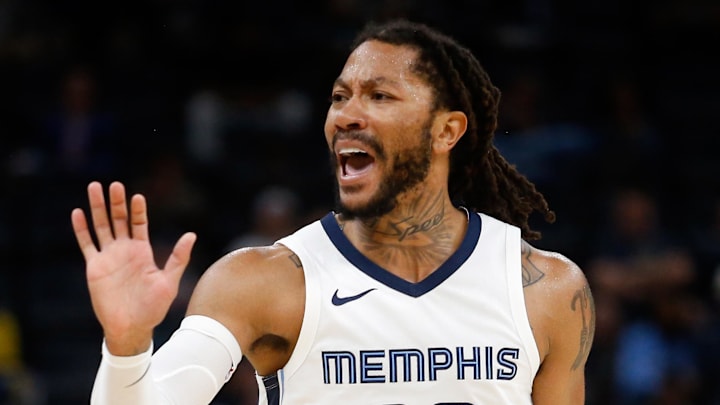Feb 26, 2024; Memphis, Tennessee, USA; Memphis Grizzlies guard Derrick Rose (23) reacts during the first half against the Brooklyn Nets at FedExForum. 