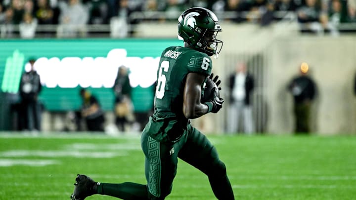 Michigan State's Nick Marsh makes a catch against Iowa in the second quarter on Saturday, Oct. 19, 2024, at Spartan Stadium in East Lansing.