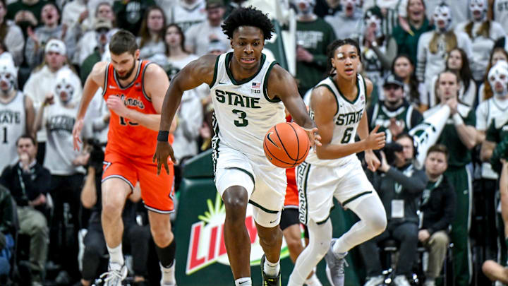 Michigan State's Cam Ward takes off on a fast break after an Illinois miss during the first half on Saturday, Feb. 7, 2026, at the Breslin Center in East Lansing. Michigan State's Cam Ward takes off on a fast break after an Illinois miss during the first half on Saturday, Feb. 7, 2026, at the Breslin Center in East Lansing.