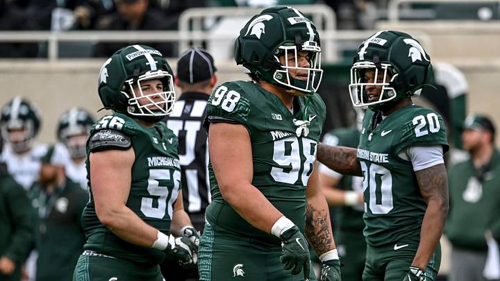 Michigan State's Derrick Simmons looks on during the football Spring Showcase on Saturday, April 18, 2026, at Spartan Stadium in East Lansing.