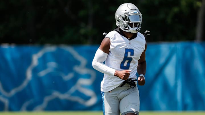 Detroit Lions safety Ifeatu Melifonwu (6) warms up during OTAs at Detroit Lions headquarters in Allen Park on Thursday, June 1, 2023.