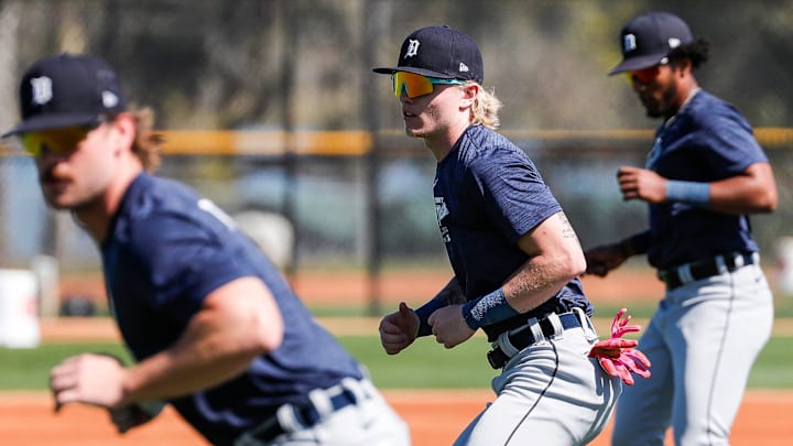 Detroit Tigers outfielder prospect Max Clark works out during spring training at TigerTown in Lakeland, Fla. on Thursday, Feb. 22, 2024.