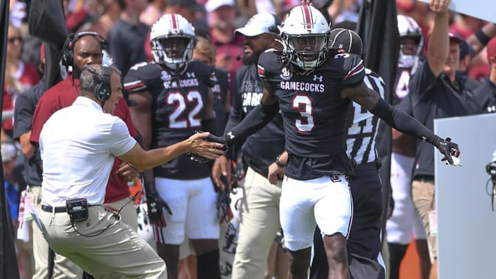 South Carolina Head Coach Shane Beamer congratulates South Carolina defensive back O'Donnell Fortune (3) after a defensive play during the first quarter at Williams-Brice Stadium in Columbia, S.C. Saturday, September 14, 2024. South Carolina Head Coach Shane Beamer congratulates South Carolina defensive back O'Donnell Fortune (3) after a defensive play during the first quarter at Williams-Brice Stadium in Columbia, S.C. Saturday, September 14, 2024.