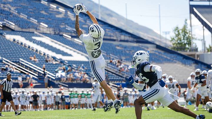Wide receiver Kyler Kasper scores a touchdown in BYU's first scrimmage of Fall Camp Wide receiver Kyler Kasper scores a touchdown in BYU's first scrimmage of Fall Camp