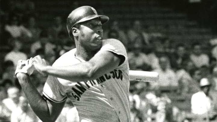 Unknown date; Chicago, IL, USA; San Francisco Giants 1st baseman Willie McCovey in action, during McCovey's 22-year career he hit 521 home runs, led the National League in home runs three times, runs batted in twice and won the league's most valuable player award in 1969. Mandatory Credit: Malcolm Emmons-Imagn Images