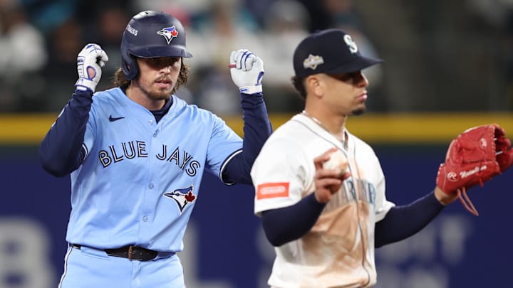 Oct 16, 2025; Seattle, Washington, USA; Toronto Blue Jays third baseman Addison Barger (47) reacts after hitting a double in the sixth inning against the Seattle Mariners during game four of the ALCS round for the 2025 MLB playoffs at T-Mobile Park. Mandatory Credit: Kevin Ng-Imagn Images Oct 16, 2025; Seattle, Washington, USA; Toronto Blue Jays third baseman Addison Barger (47) reacts after hitting a double in the sixth inning against the Seattle Mariners during game four of the ALCS round for the 2025 MLB playoffs at T-Mobile Park. Mandatory Credit: Kevin Ng-Imagn Images