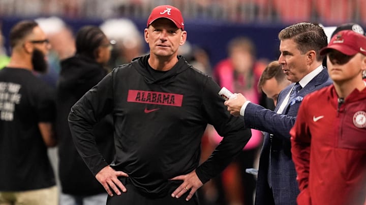 Dec 6, 2025; Atlanta, GA, USA; Alabama Crimson Tide head coach Kalen DeBoer looks on before the game against the Georgia Bulldogs during the 2025 SEC Championship game at Mercedes-Benz Stadium. Mandatory Credit: Dale Zanine-Imagn Images