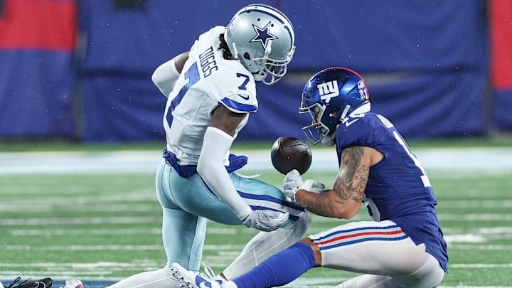 Sep 10, 2023; East Rutherford, New Jersey, USA; Dallas Cowboys cornerback Trevon Diggs (7) forces a