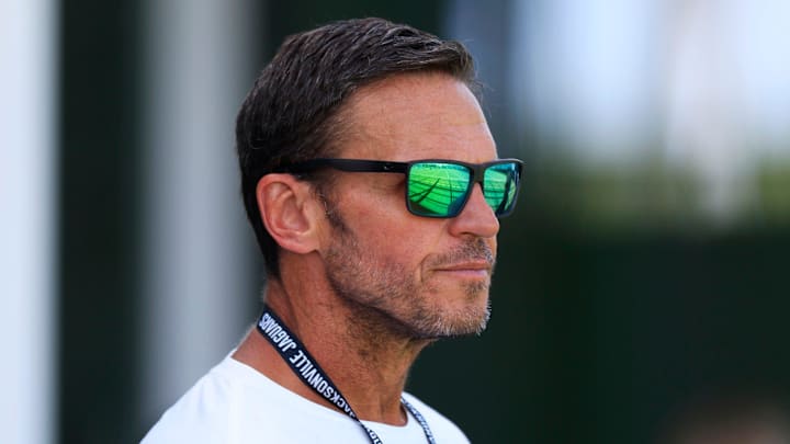Pro Football Hall of Fame member and former active Jacksonville Jaguars tackle, Tony Boselli, looks on during the first day of an NFL football training camp practice Wednesday, July 24, 2024 at EverBank Stadium’s Miller Electric Center in Jacksonville, Fla.