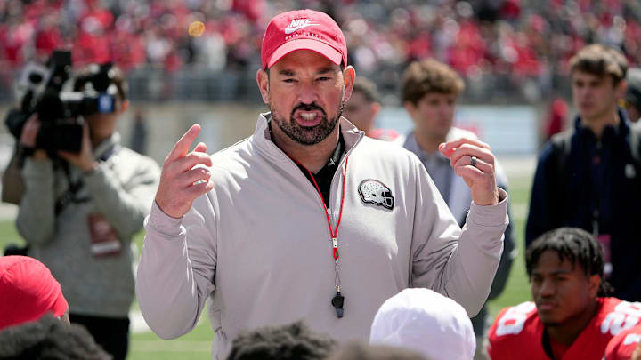 Ohio State Buckeye head coach Ryan Day addresses his team after the spring game at Ohio Stadium on April 12, 2025.