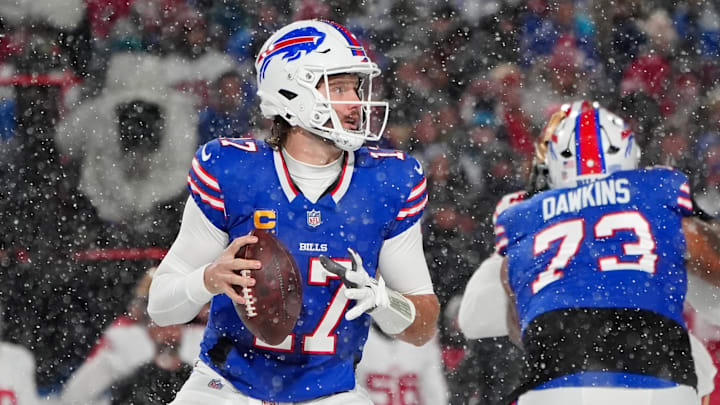 Dec 1, 2024; Orchard Park, New York, USA; Buffalo Bills quarterback Josh Allen (17) looks to throw the ball against the San Francisco 49ers during the first half at Highmark Stadium.