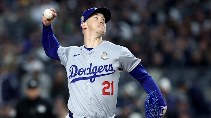 Oct 28, 2024; New York, New York, USA; Los Angeles Dodgers pitcher Walker Buehler (21) throws during the first inning in game three of the 2024 MLB World Series against the New York Yankees at Yankee Stadium